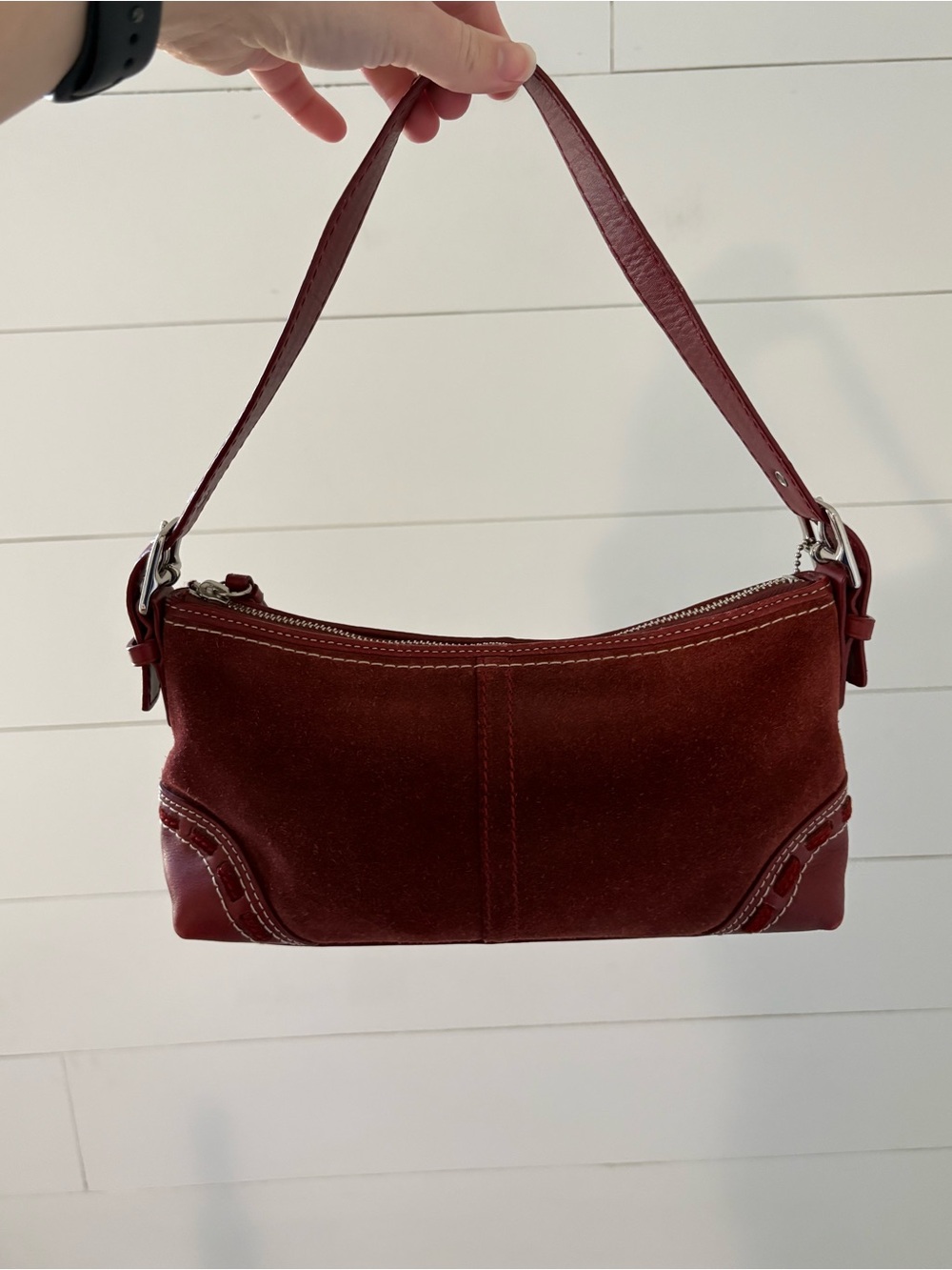Vintage Coach Hampton F11204 Burgundy Suede Mini Baguette Shoulder Bag